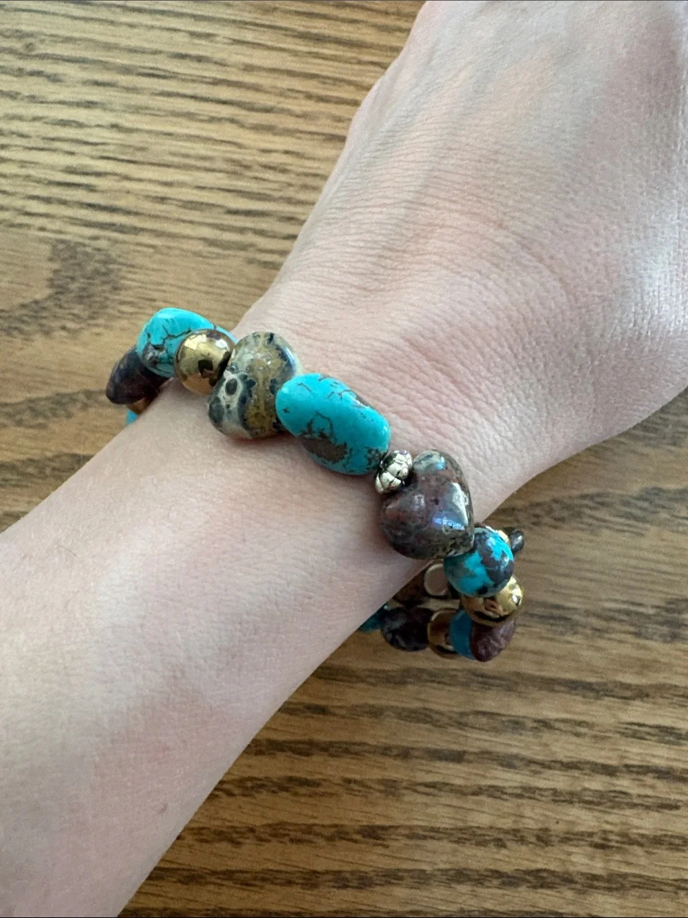 Hand Crafted Turquoise and Jasper Silver Plated Memory Wire Bracelet